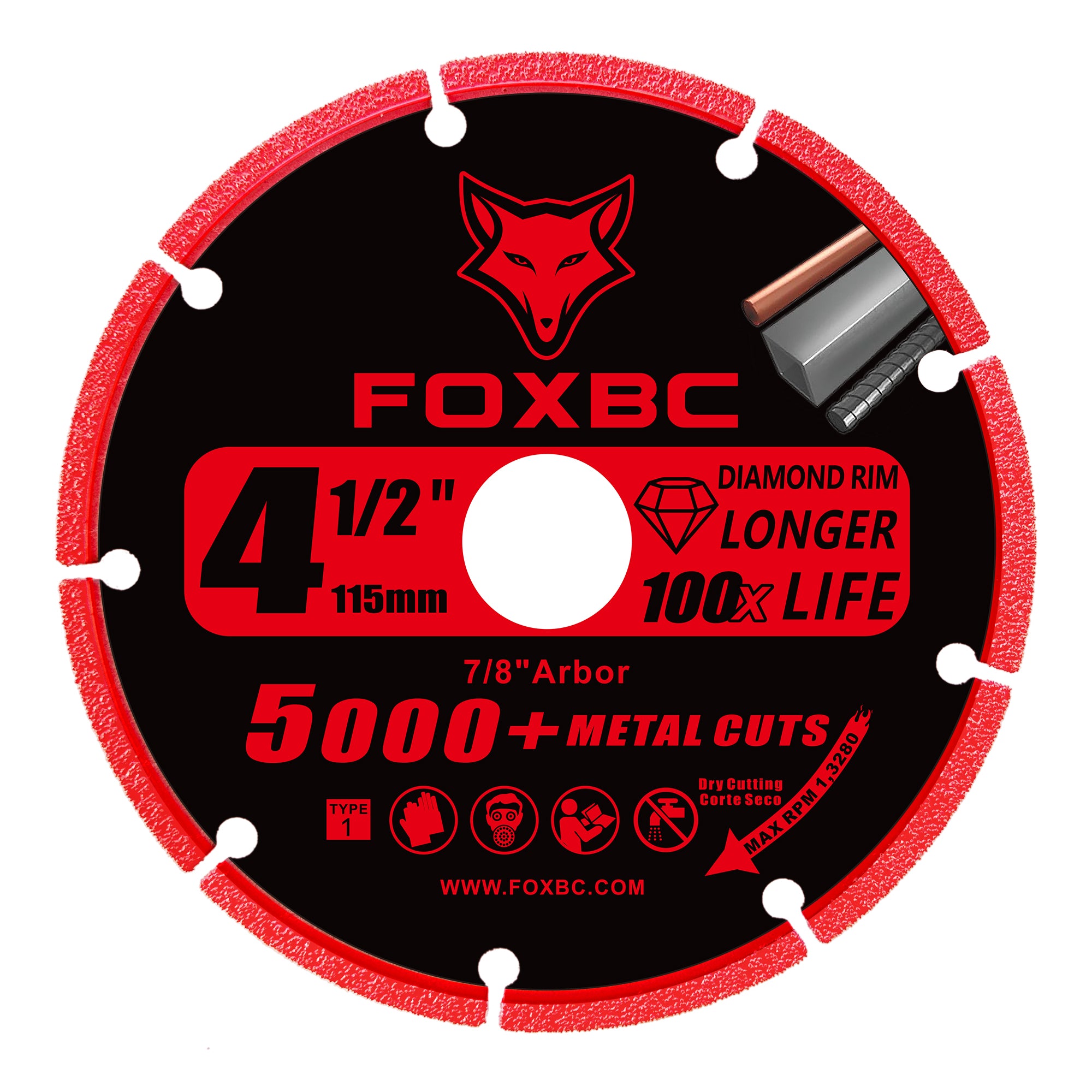 FOXBC 4 1/2 Inch Diamond Cutting Wheel Metal Cut-Off for Angle Grinder, with 5000+ Cuts on Rebar, Stainless Steel, Angle Iron, 7/8" Arbor - 3 Pack