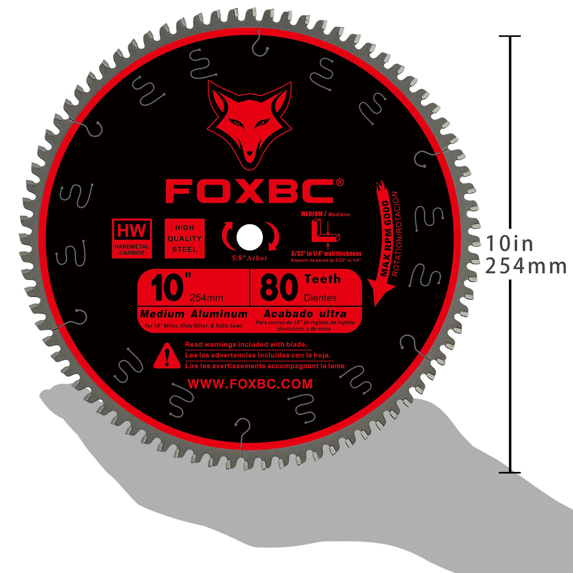 FOXBC 10-Inch Miter/Table Saw Blade 80-Tooth TCG for Aluminum and Non-Ferrous Metal & Plastic Cutting with 5/8-Inch Arbor