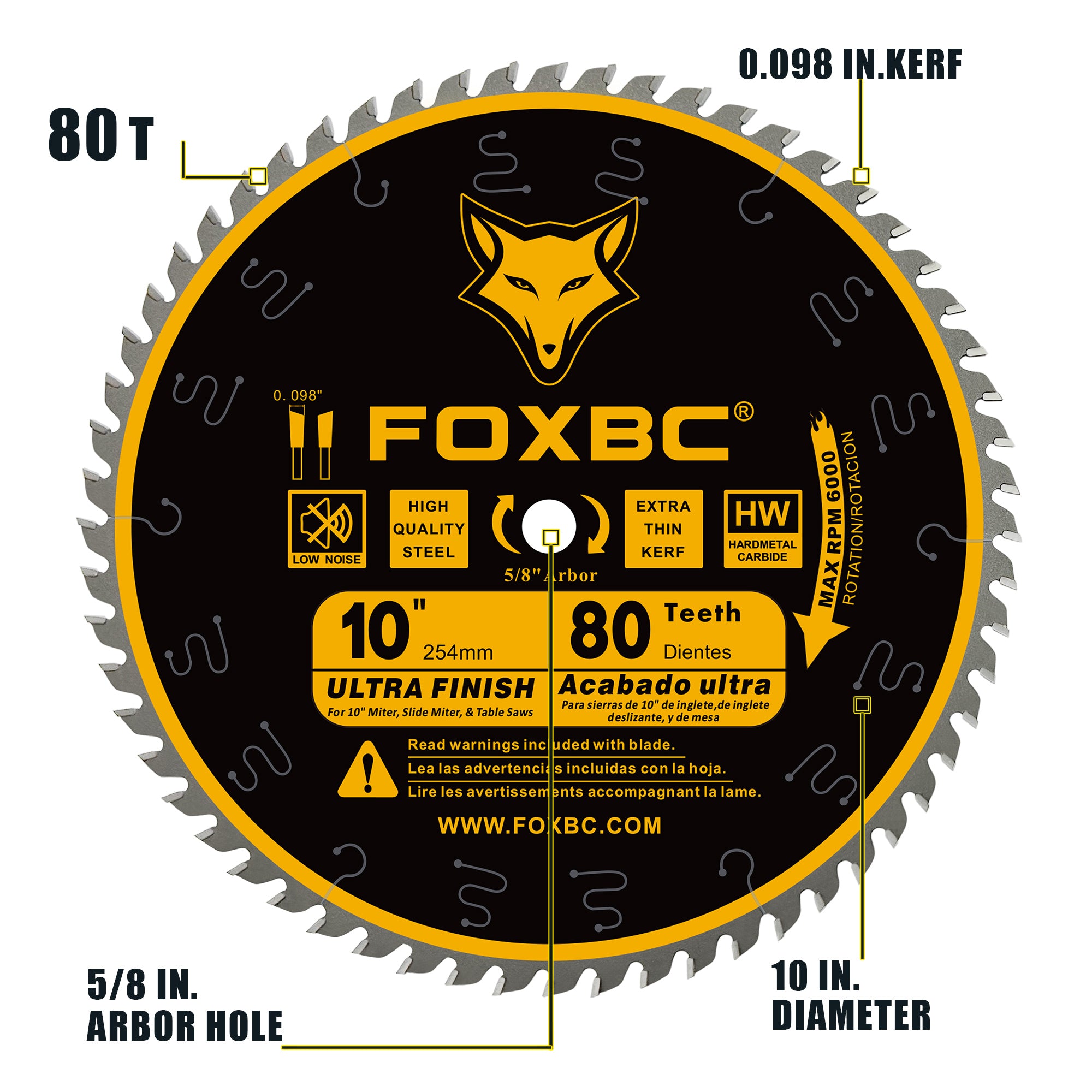 FOXBC 10-Inch Table Saw Blades, 80-Tooth, Fine Finish Blade with 5/8-Inch Arbor