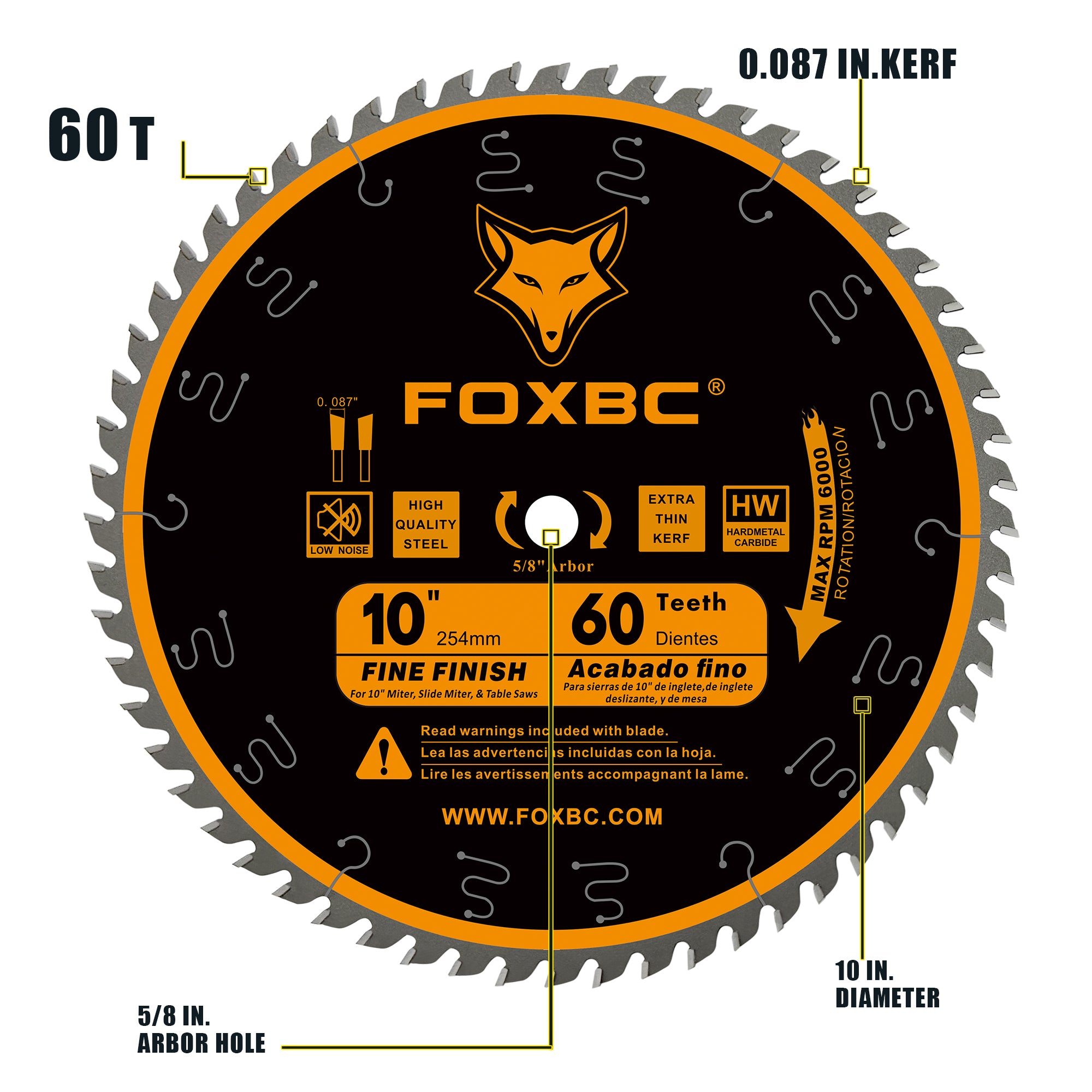 FOXBC 10-Inch Miter/Table Saw Blades 60-Tooth, Thin Kerf Fine Finish Crosscut Blade