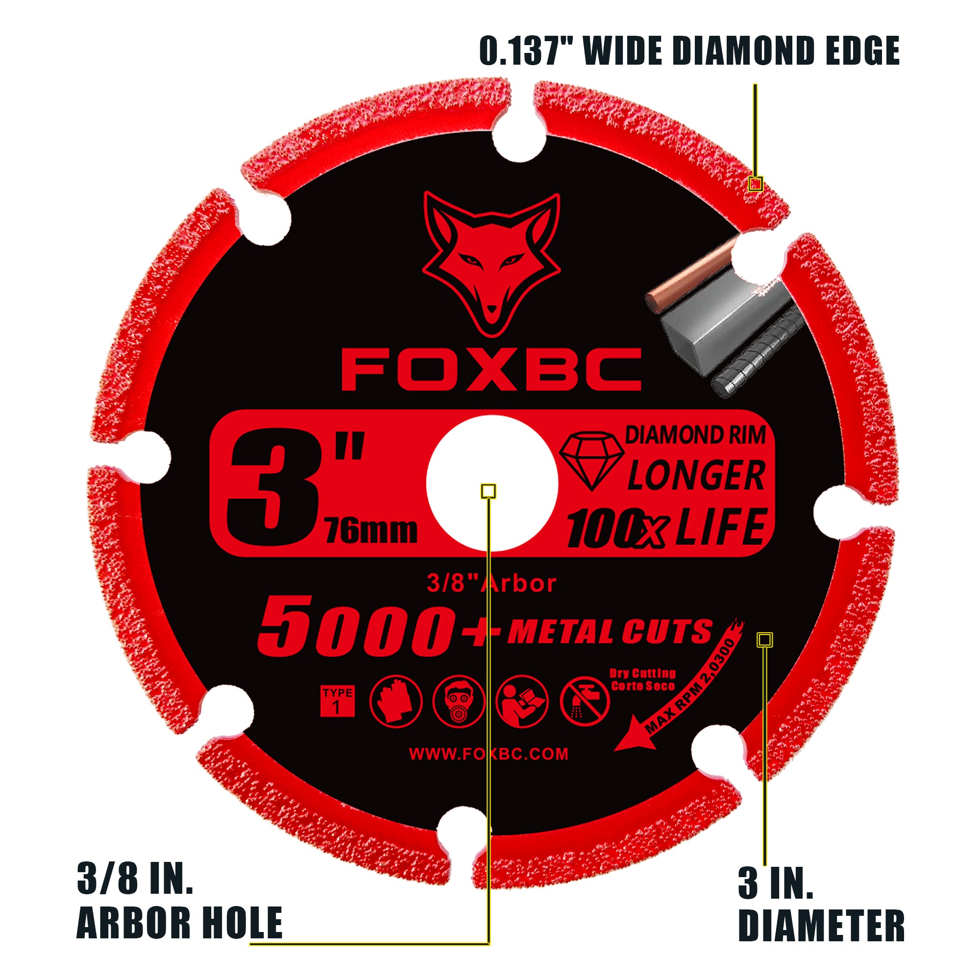 FOXBC 3 Inch Diamond Cut-off Wheel Metal Cut-Off with 5000+ Cuts on Rebar, Steel, Iron and INOX, 3/8" Arbor