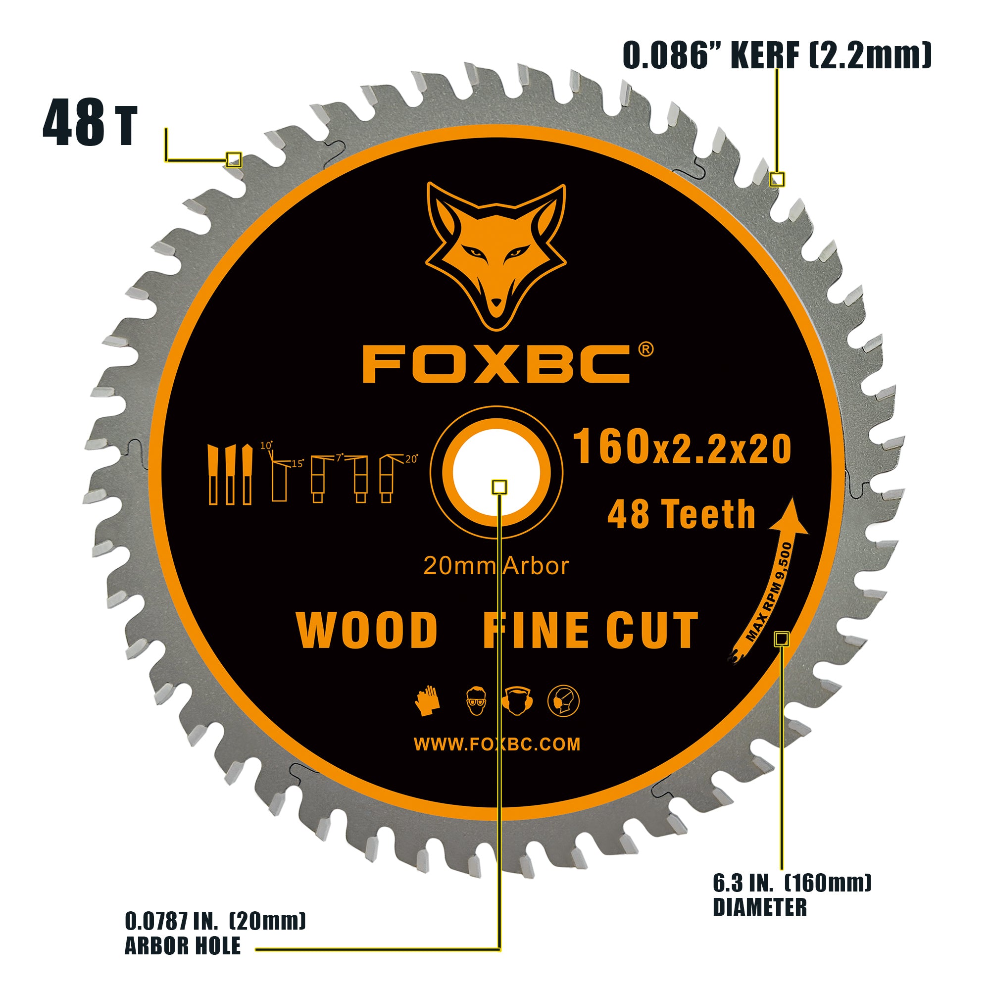 FOXBC 495377 Track Saw Blade 160x2.2x20mm 48 Tooth Wood Fine Cut for Festool TS 55, TSC 55, ATF 55, AP 55, DeWalt DWS520K and Makita SP6000J