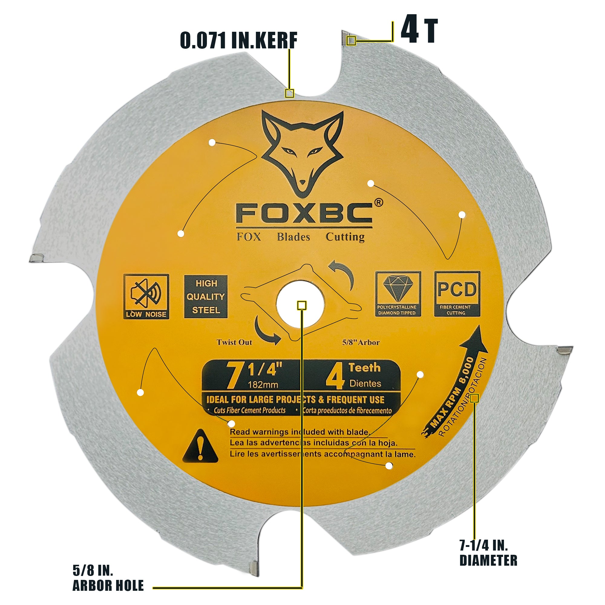 FOXBC 7-1/4 inch 4 Tooth Polycrystalline Diamond (PCD) Hardie Fiber Cement Saw Blade, 5/8 Arbor