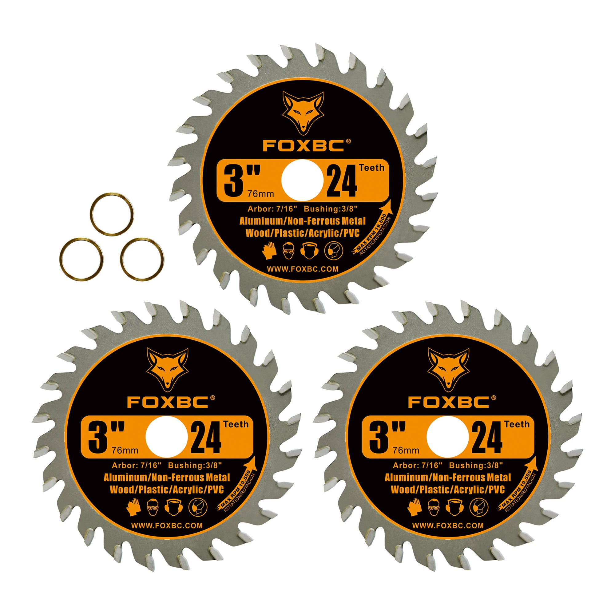 FOXBC 3 Inch 24T Carbide Circular Saw Blade Cuts for Wood, Plastic, PCV, Acrylic, Aluminum with 7/16" Arbor, Compatible with Dremel, Ryobi, Worx, Milwaukee, Dewalt, Ultra-Saws, RotoZip Saws - 3 Pack