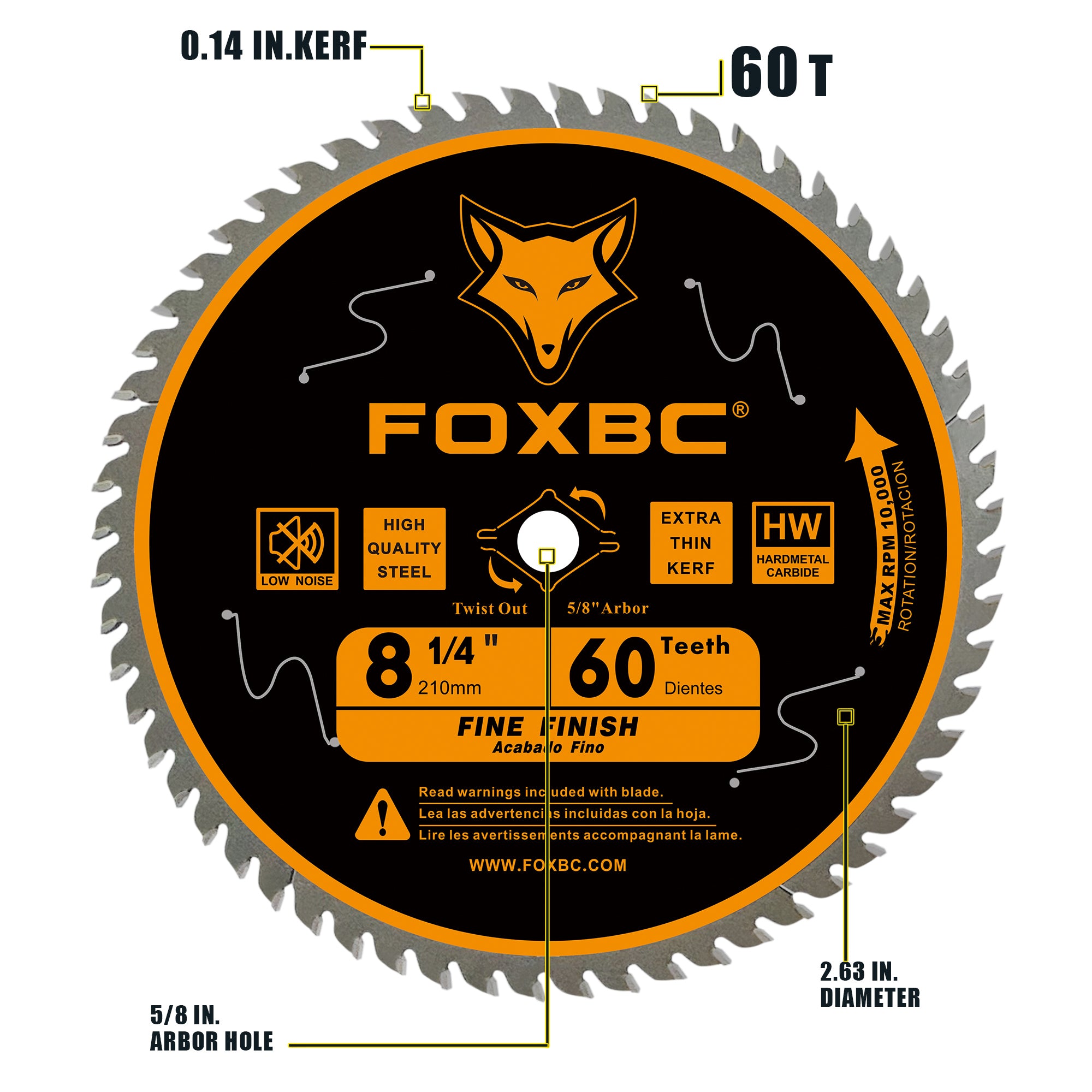 FOXBC 8-1/4 Inch Table Saw Blade 60 Tooth Fine Finish Wood Cutting with 5/8" Arbor, Diamond Knockout