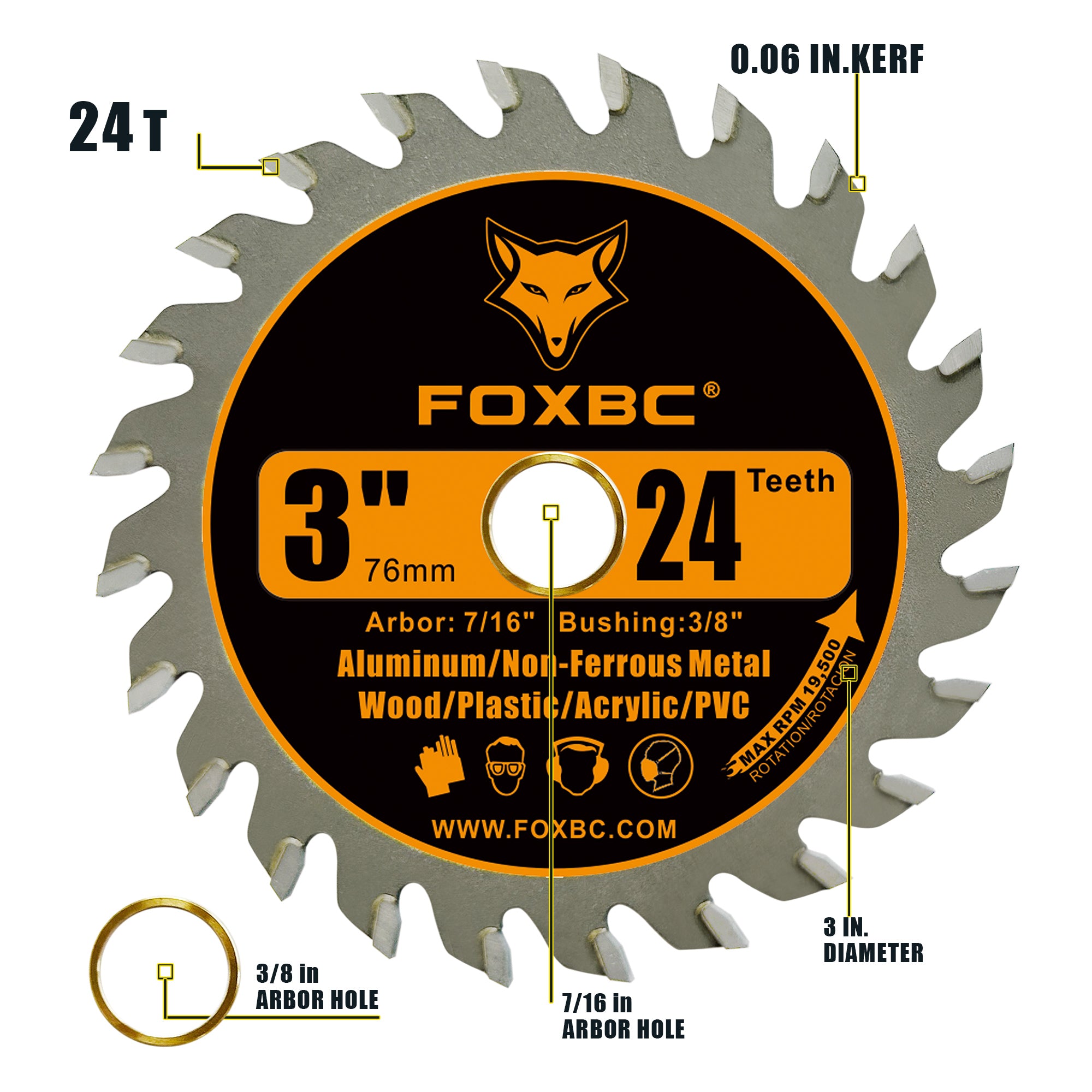 FOXBC 3 Inch 24T Carbide Circular Saw Blade Cuts for Wood, Plastic, PCV, Acrylic, Aluminum with 7/16" Arbor, Compatible with Dremel, Ryobi, Worx, Milwaukee, Dewalt, Ultra-Saws, RotoZip Saws - 3 Pack