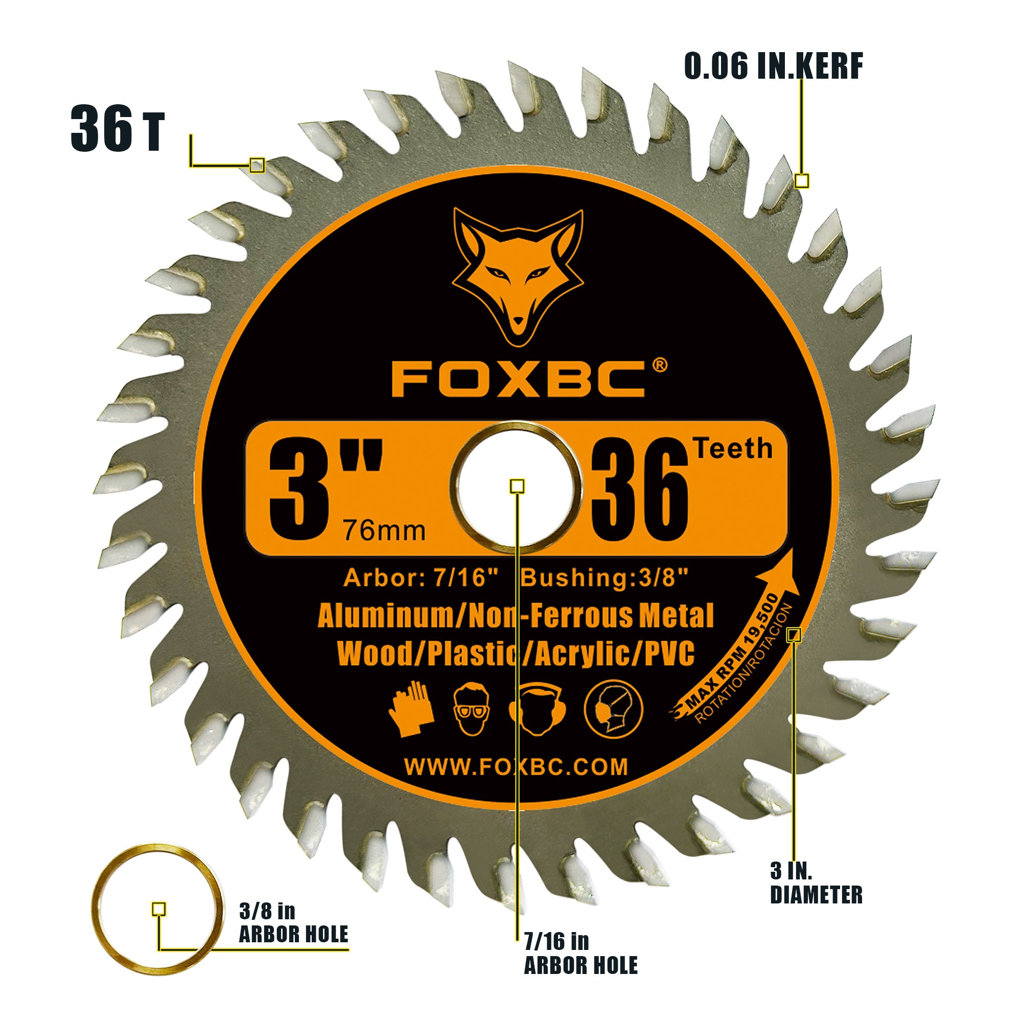 FOXBC 3 Inch Carbide Circular Saw Blade 36 Tooth for Wood, Plastic, PCV, Acrylic, Aluminum with 7/16" Arbor, 3/8" Bushing - 3 Pack