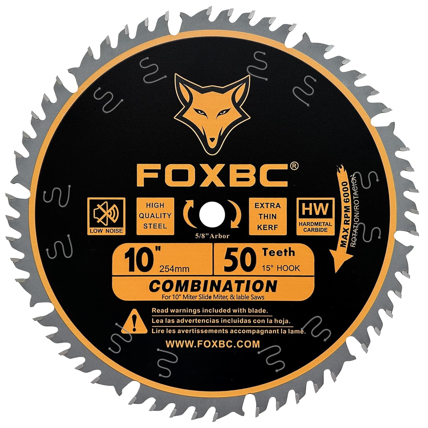 FOXBC 10-Inch Combination Saw Blade, 50-Tooth, Wood Cutting, 5/8-Inch Arbor